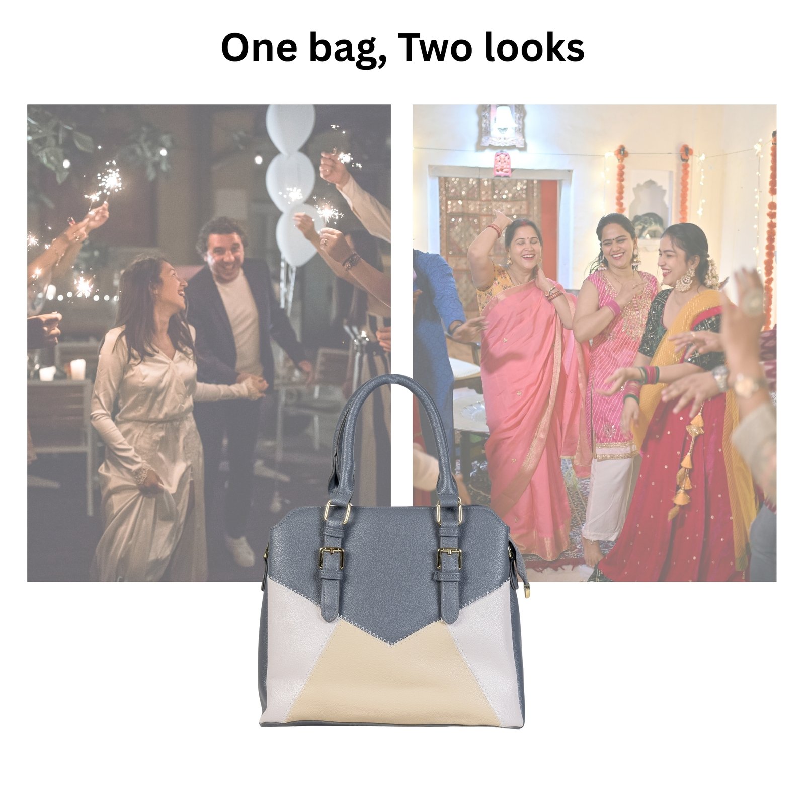 FIRSTGLOW Dual-Tone Smooth Leatherette Handbag with Structured Design – Grey & Beige - Image 6