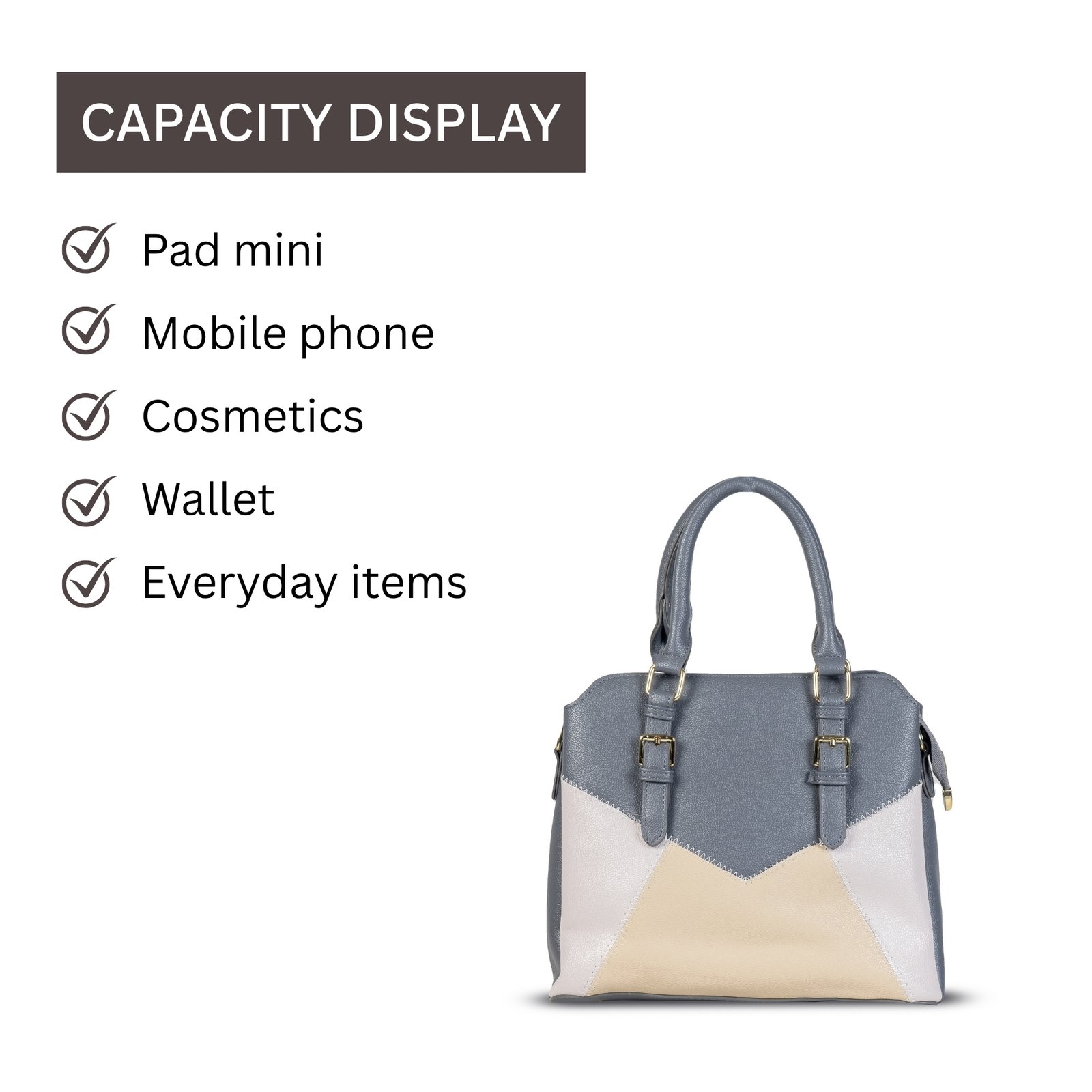 FIRSTGLOW Dual-Tone Smooth Leatherette Handbag with Structured Design – Grey & Beige - Image 8