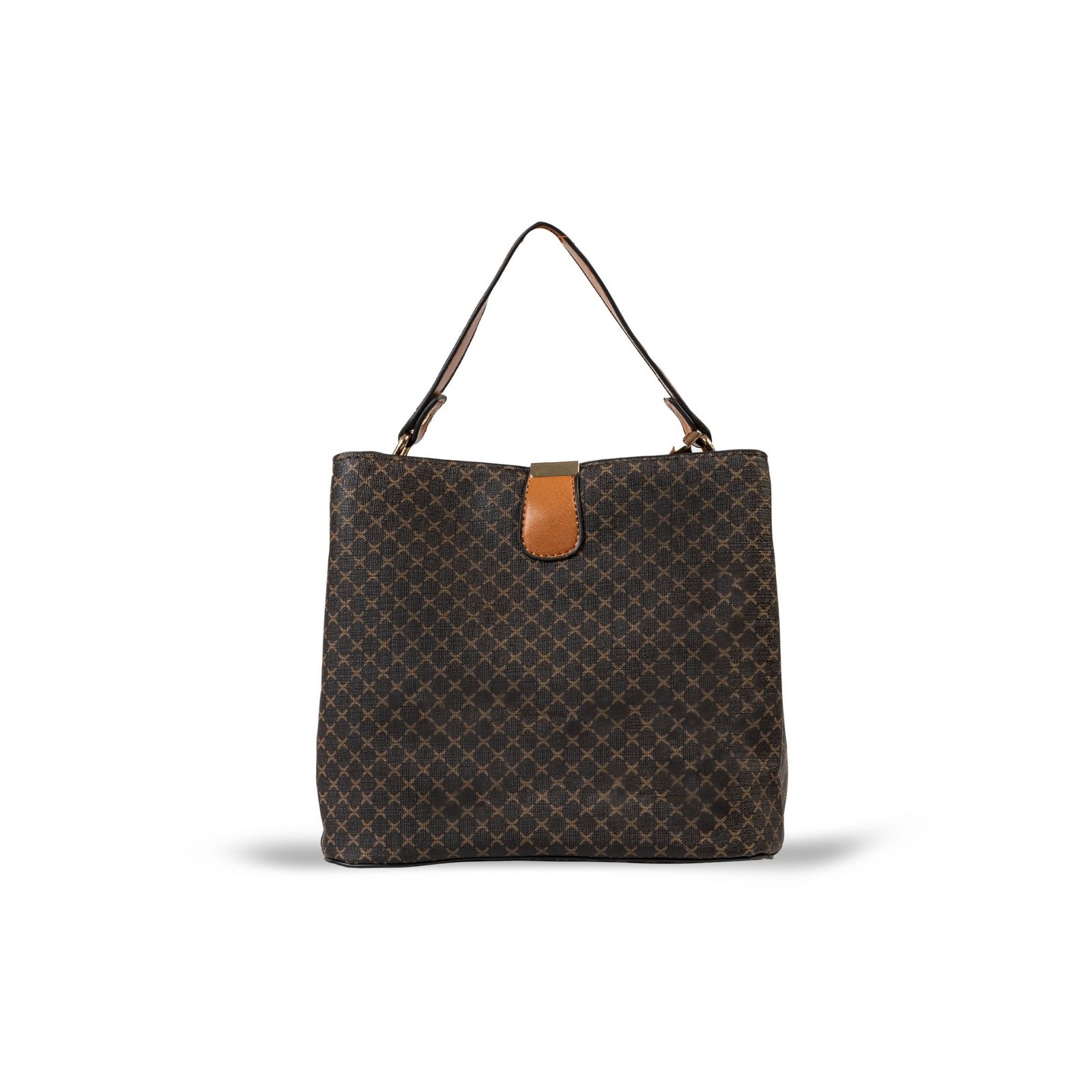 FIRSTGLOW Signature Monogram Leatherette Handbag with Contrast Handle – Mocha Chestnut Blend - Image 2