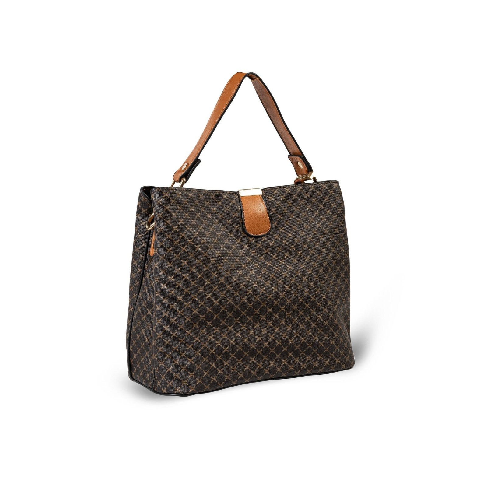 FIRSTGLOW Signature Monogram Leatherette Handbag with Contrast Handle – Mocha Chestnut Blend