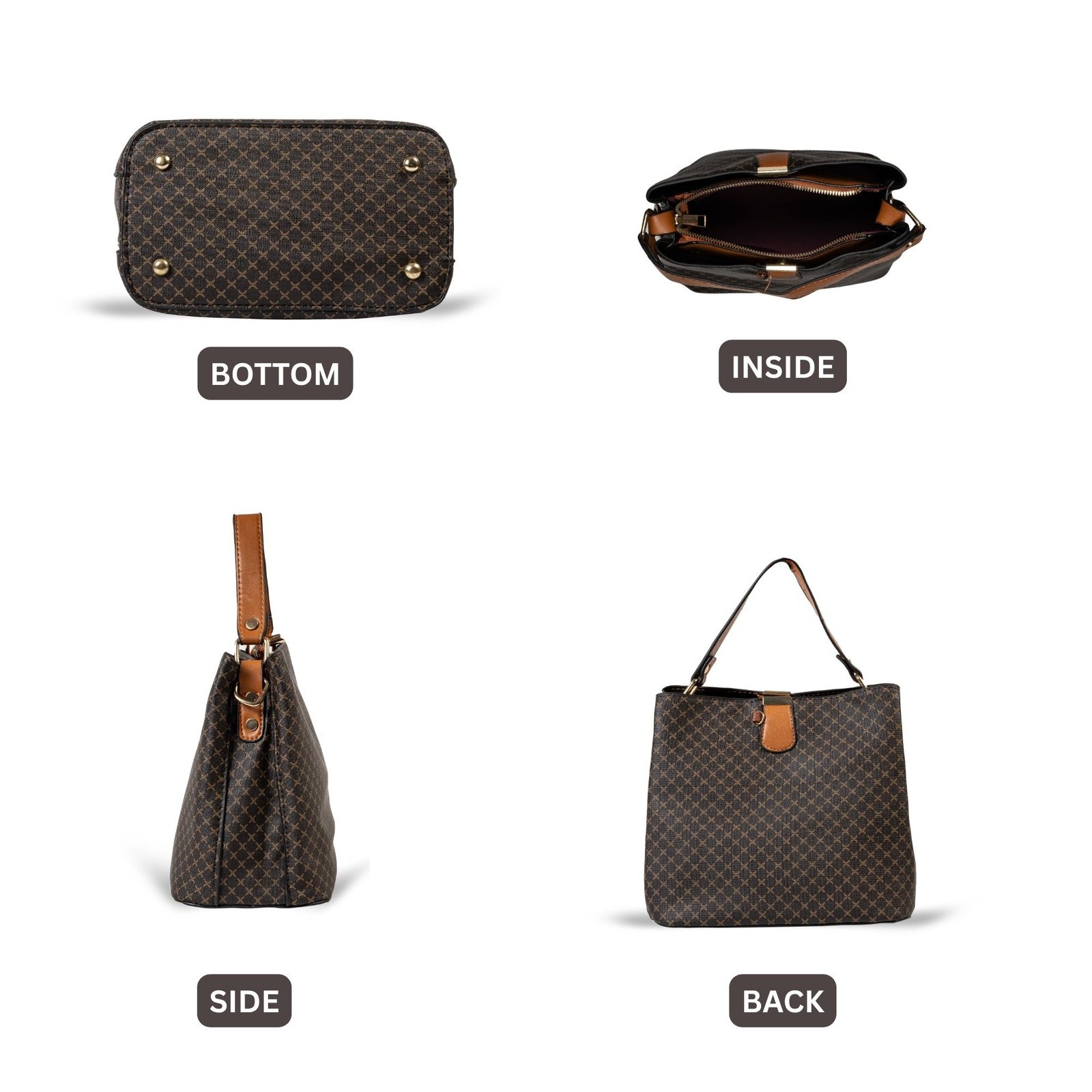 FIRSTGLOW Signature Monogram Leatherette Handbag with Contrast Handle – Mocha Chestnut Blend - Image 3