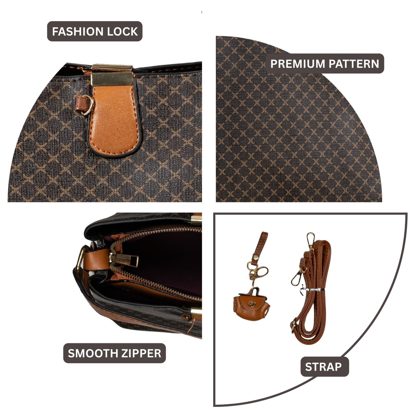 FIRSTGLOW Signature Monogram Leatherette Handbag with Contrast Handle – Mocha Chestnut Blend - Image 5