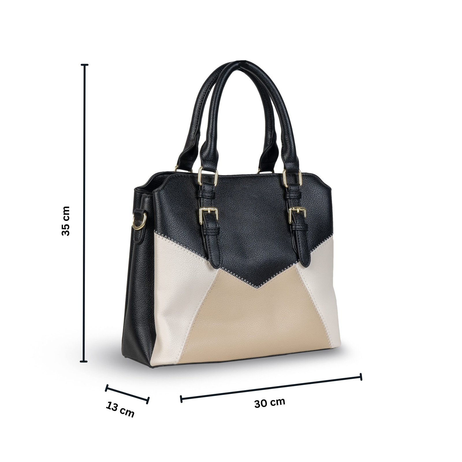 FIRSTGLOW Tri-Tone Premium Leatherette Handbag with Dual Buckle Handles – Noir Sand Blend - Image 3