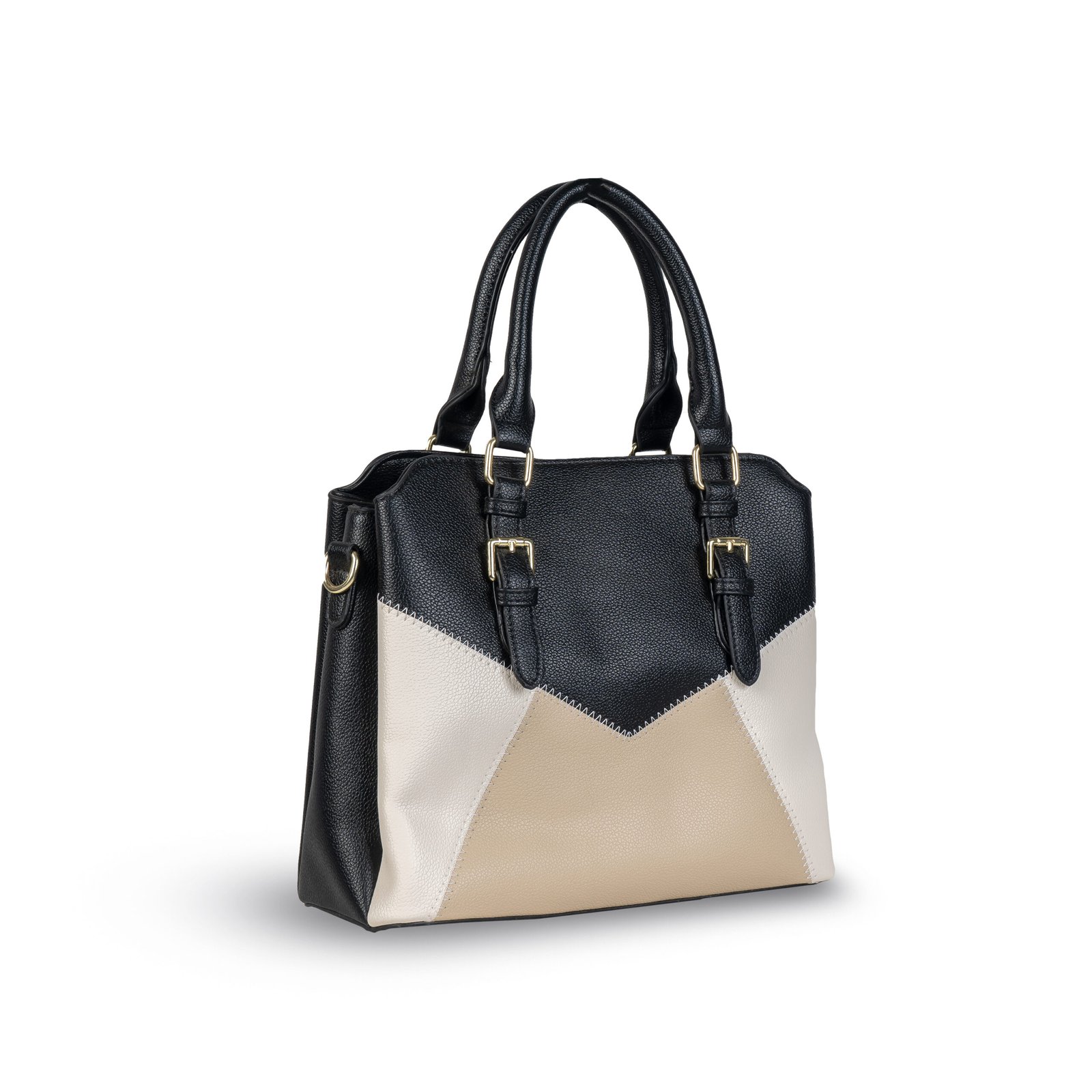 FIRSTGLOW Tri-Tone Premium Leatherette Handbag with Dual Buckle Handles – Noir Sand Blend