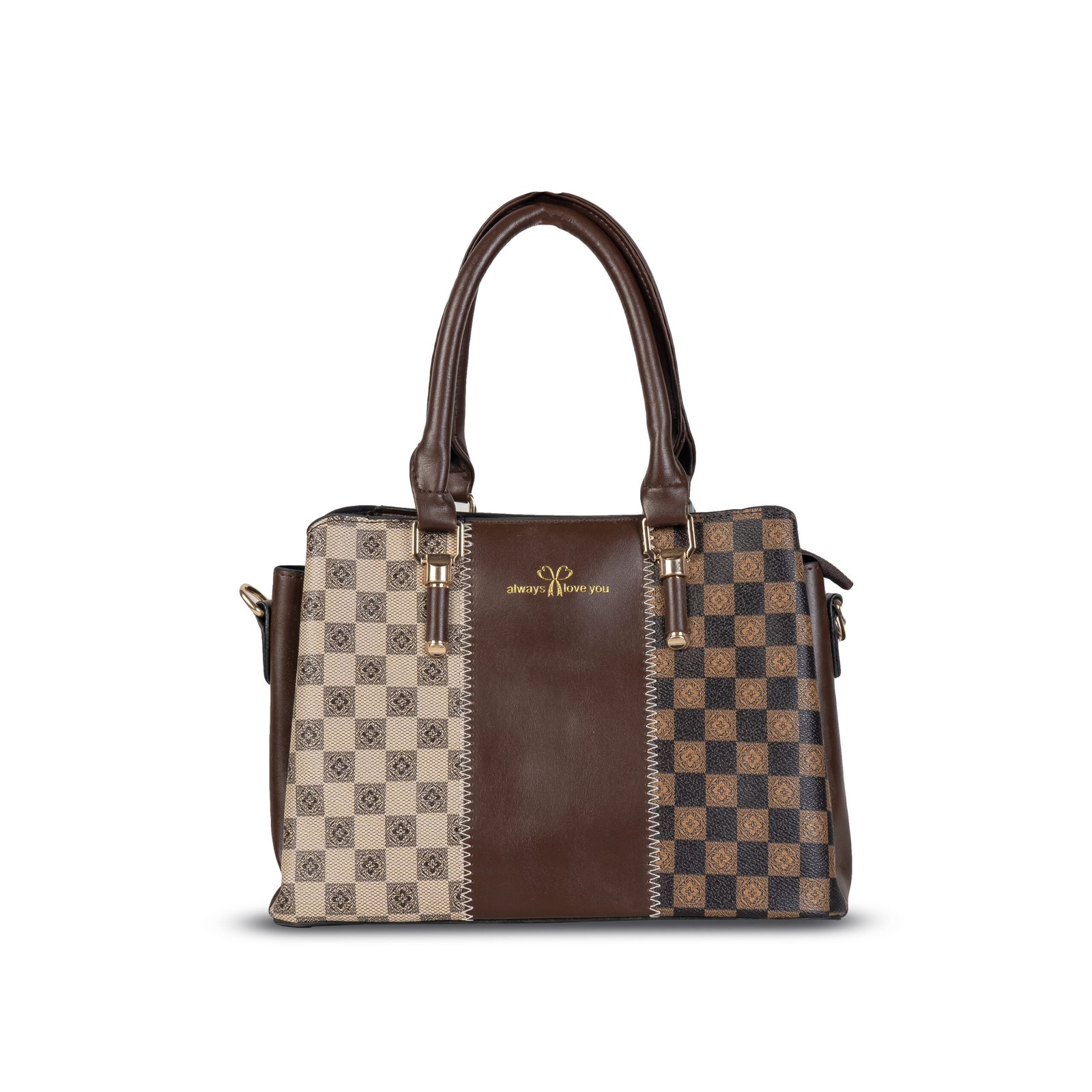 FIRSTGLOW Signature Dual-Tone Checkered Leatherette Handbag – Classic Mocha Fusion - Image 3