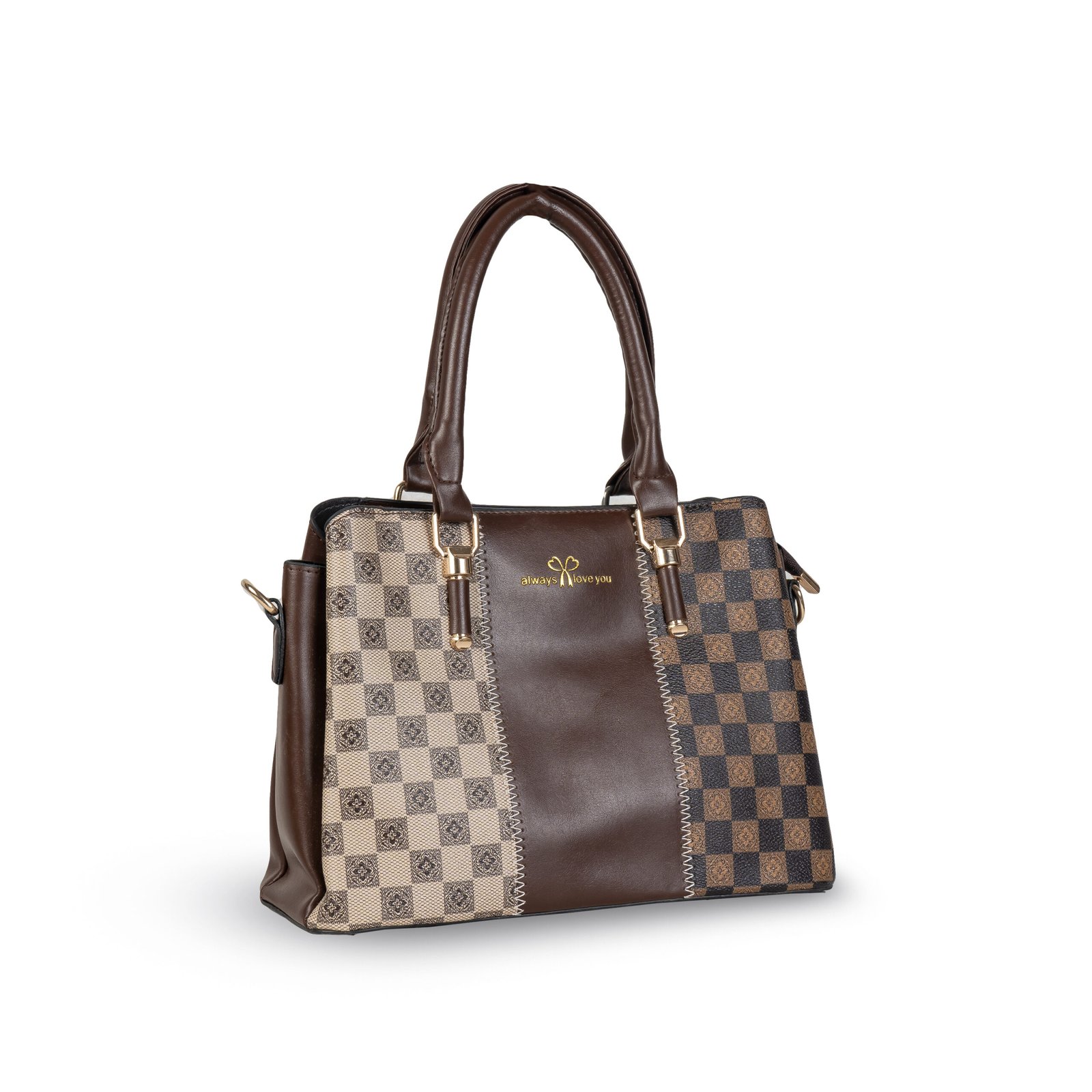 FIRSTGLOW Signature Dual-Tone Checkered Leatherette Handbag – Classic Mocha Fusion